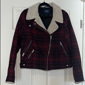 Women's Red Plaid Jacket with Shearling Collar